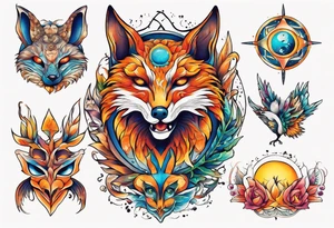 fisch, fuchs und eule , symetrie  sonne, universum, bunt tattoo idea