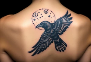 Raven with starry sky background with zodiac constellations in it with runes in sky tattoo idea