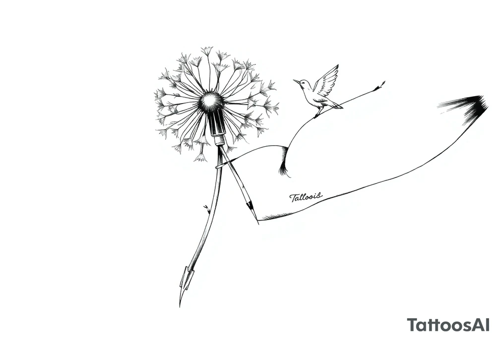 A dandelion with its leaves blowing away and turning into birds that fly up a waterfall tattoo idea