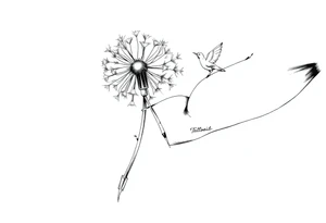 A dandelion with its leaves blowing away and turning into birds that fly up a waterfall tattoo idea