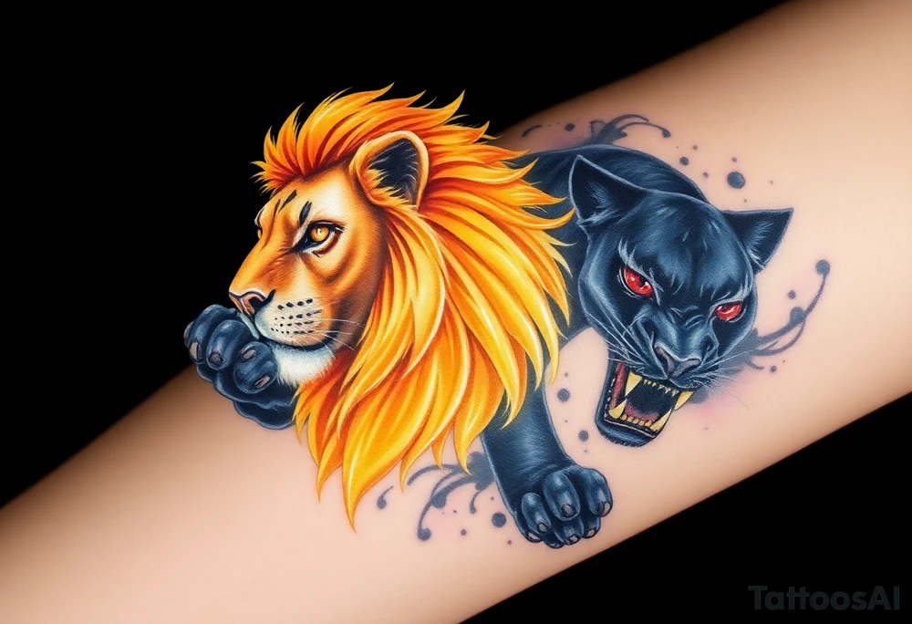 A golden lion, with a regal mane and glowing eyes, surrounded by light and strength, contrasted by a shadowy panther, prowling with glowing red eyes in deep blackness, representing protection and lurking danger. tattoo idea