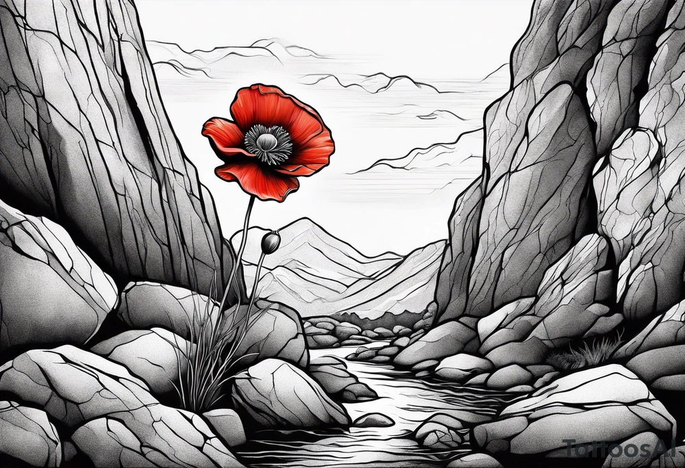 Lone  poppy growing out of boulder with roots enveloping rock tattoo idea