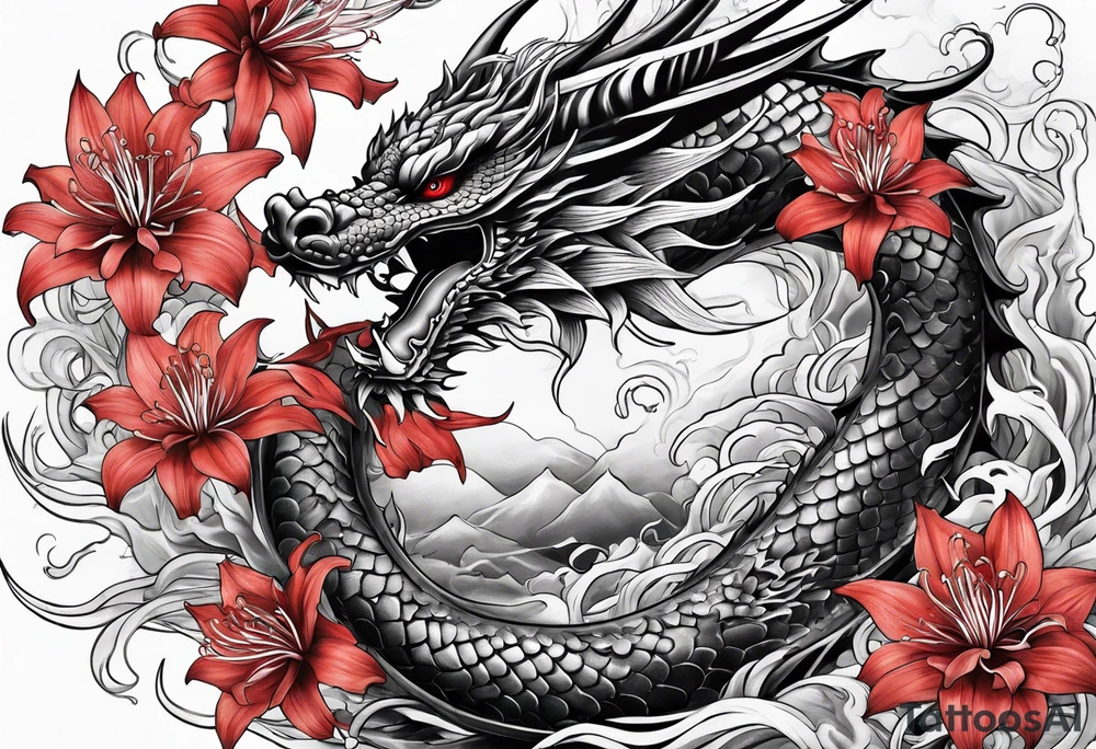 full Dragon with red Spider lilies surrounding it tattoo idea
