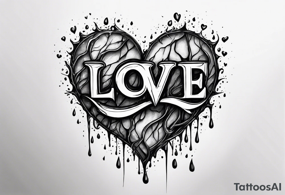 the word love drought in a nice font with a melting heart design underneath it tattoo idea