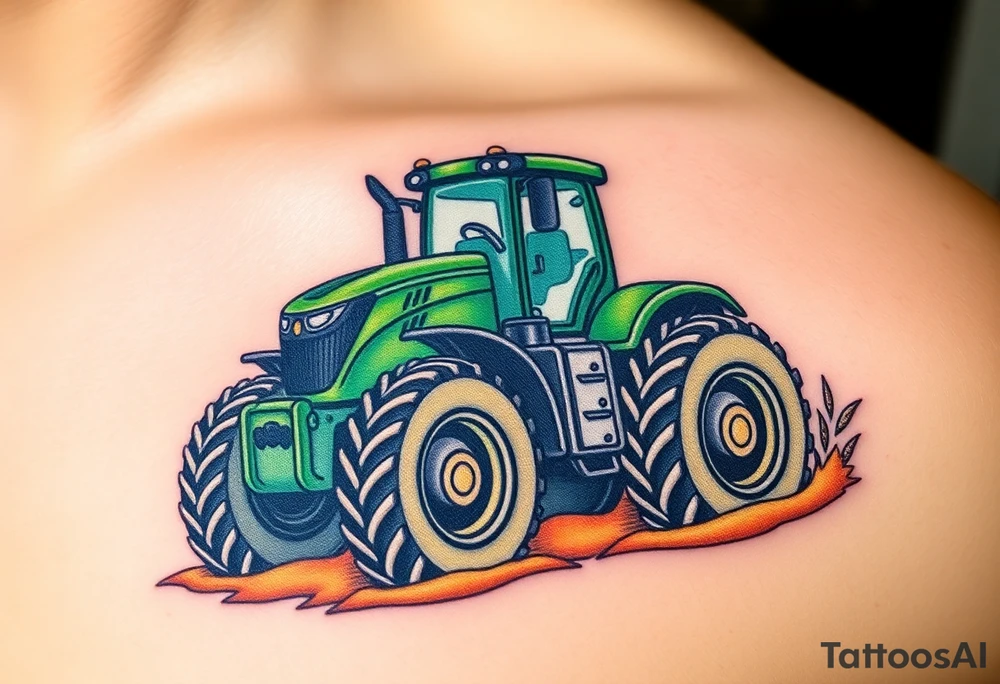A powerful green tractor with large rugged tires, kicking up dirt as it plows through a golden wheat field tattoo idea
