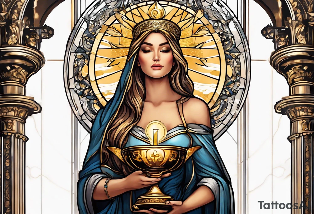 woman saint holding chalice surrounded by golden halo with a tower tattoo idea