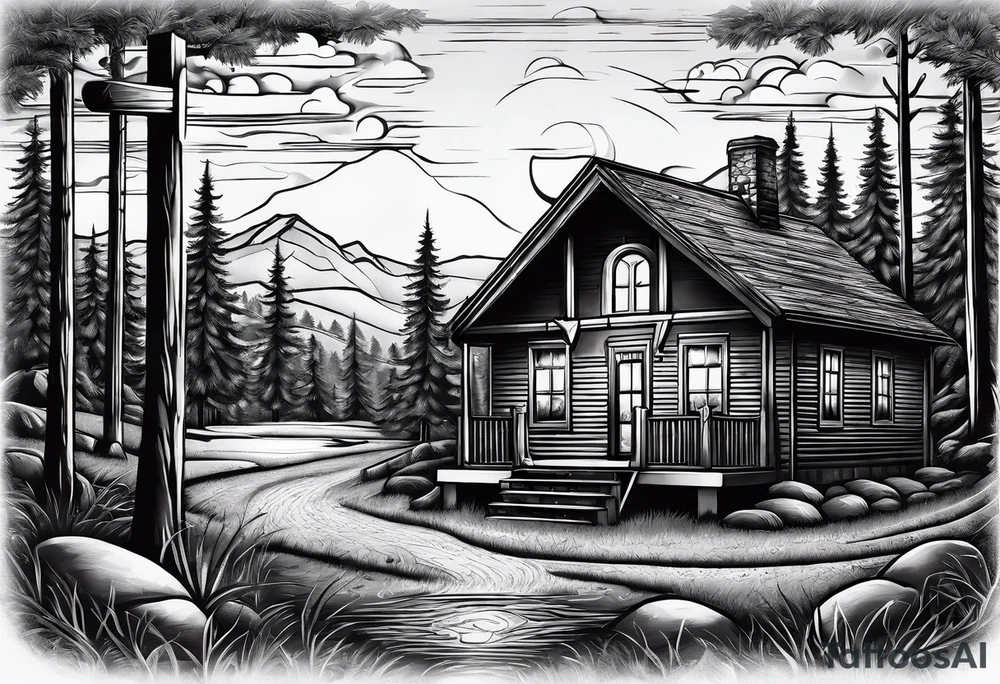 cross with whiskey glass, golf club, camp fire and cabin in the quandrants tattoo idea