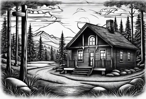 cross with whiskey glass, golf club, camp fire and cabin in the quandrants tattoo idea