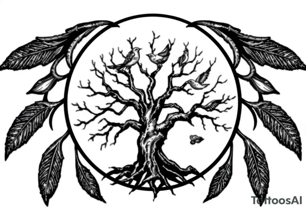 Tree of life in a broken circle with 5 birds flying out tattoo idea