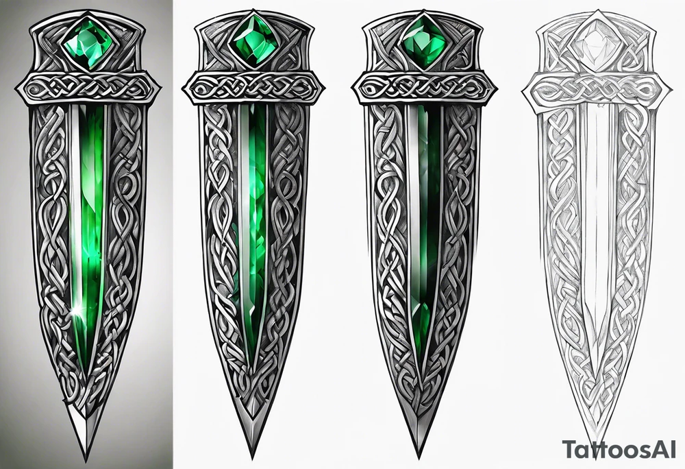 A Celtic athame dagger with the hilt turned upward and an emerald gemstone on the hilt not on the blade tattoo idea