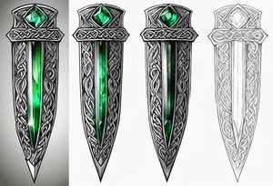 A Celtic athame dagger with the hilt turned upward and an emerald gemstone on the hilt not on the blade tattoo idea