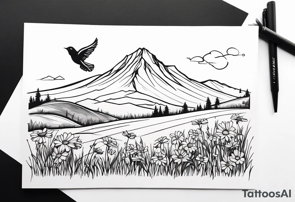 Small bird in field of grass and daisys Mountain View in distance tattoo idea