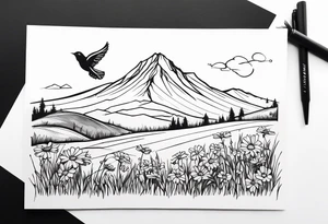 Small bird in field of grass and daisys Mountain View in distance tattoo idea