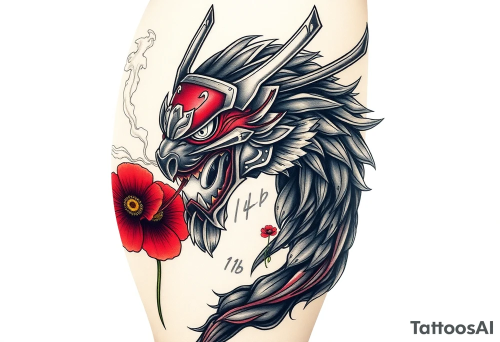 Big Rouge ronin to cover the entire thigh with smoke coming out of its mouth with 11b tattooed under its left eye with 1 poppy on each side of the ronin tattoo idea