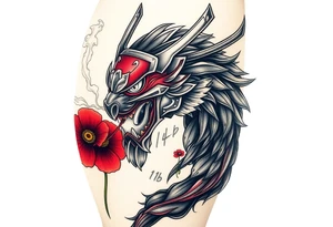 Big Rouge ronin to cover the entire thigh with smoke coming out of its mouth with 11b tattooed under its left eye with 1 poppy on each side of the ronin tattoo idea