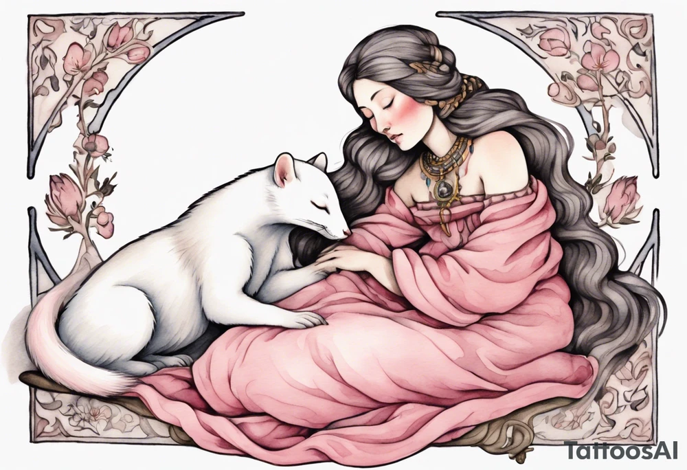 an ermine with pink fur sleeping on the lap of a beautiful medieval woman tattoo idea