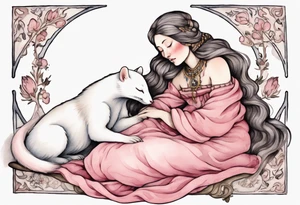 an ermine with pink fur sleeping on the lap of a beautiful medieval woman tattoo idea