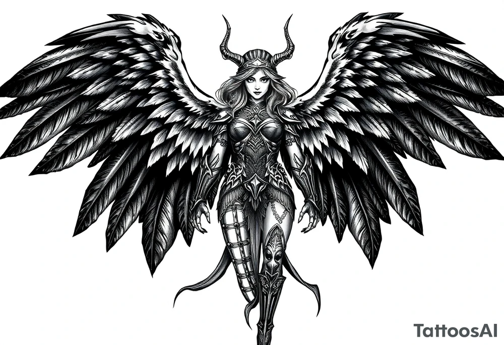 A fierce looking Valkyrie with very big dark wings. The whole body with legs should be visible.
She has armor tattoo idea