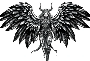 A fierce looking Valkyrie with very big dark wings. The whole body with legs should be visible.
She has armor tattoo idea