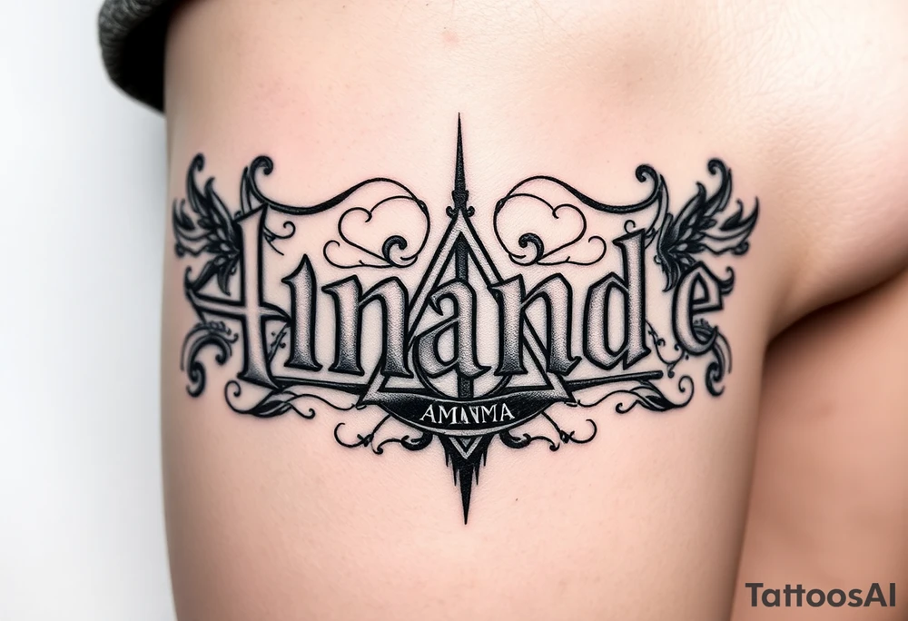 Amanda name with Harry Potter deathly hallows on ribs tattoo idea
