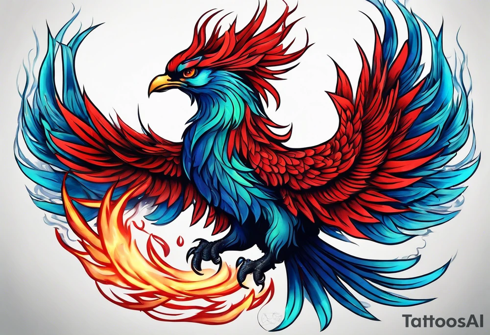 Blue and red Phoenix rising from the green ashes tattoo idea