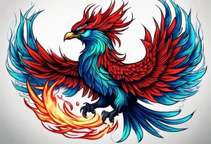 Blue and red Phoenix rising from the green ashes tattoo idea