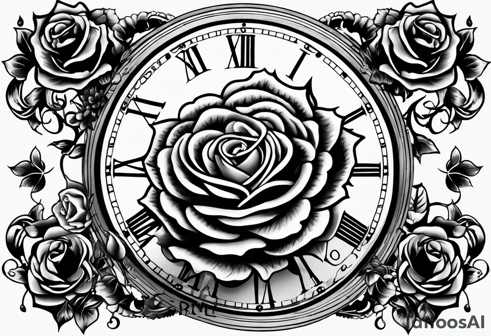 Pocket watch with chain and roses tattoo idea
