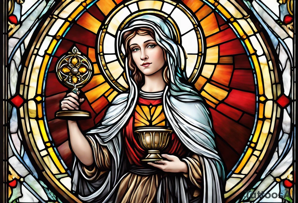 holy saint woman with halo stained glass holding a chalice with artillery tattoo idea