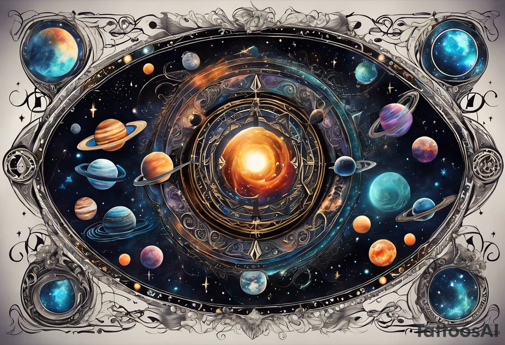 A tattoo featuring a cosmic scene with planets, black holes, and supernovae intertwined with intricate linguistic symbols, reflecting the client's interests in cosmology and linguistics. tattoo idea