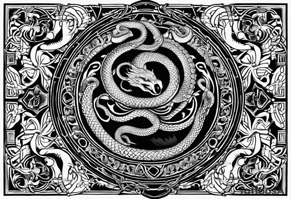 A shield adorned with coiled snakes and scorpions underneath. Bold outlines for the shield and creatures, with detailed patterns. Delicately depict the scales of snakes and the segmented bodies of scorpions. Integrate the creatures harmoniously with the overall design. tattoo idea