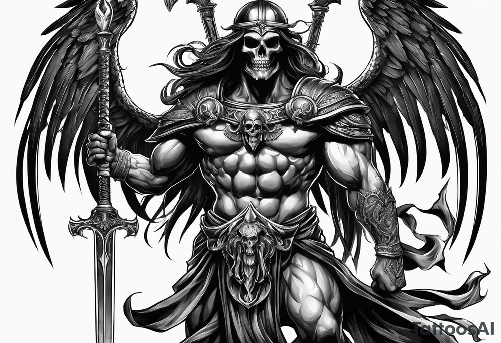 Thanatos, the greek god of death, holding a sword and a torch tattoo idea