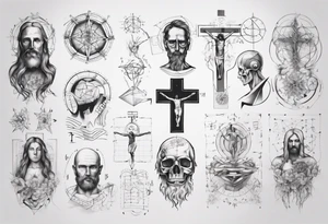 The study of human body and Jesus combined with emphasis on math and physics tattoo idea