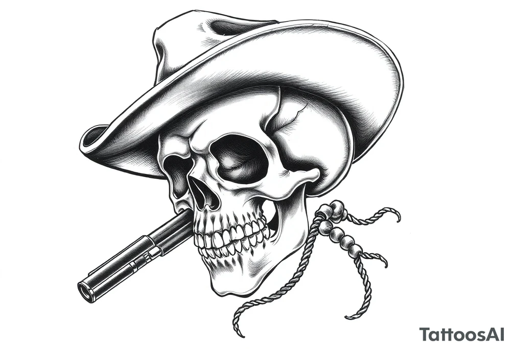 a skull with cowboy-hat and agun in his hand and a cigar in his mouth. tattoo idea