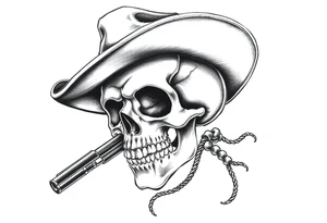 a skull with cowboy-hat and agun in his hand and a cigar in his mouth. tattoo idea