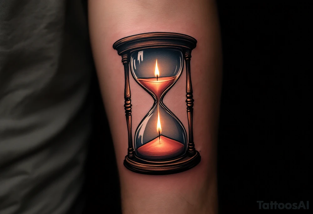 A candlelit hourglass, with melted wax forming numbers, glowing warmly against a dark background. tattoo idea