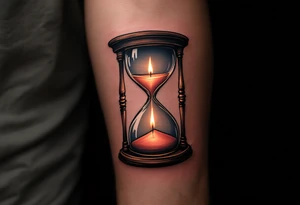 A candlelit hourglass, with melted wax forming numbers, glowing warmly against a dark background. tattoo idea