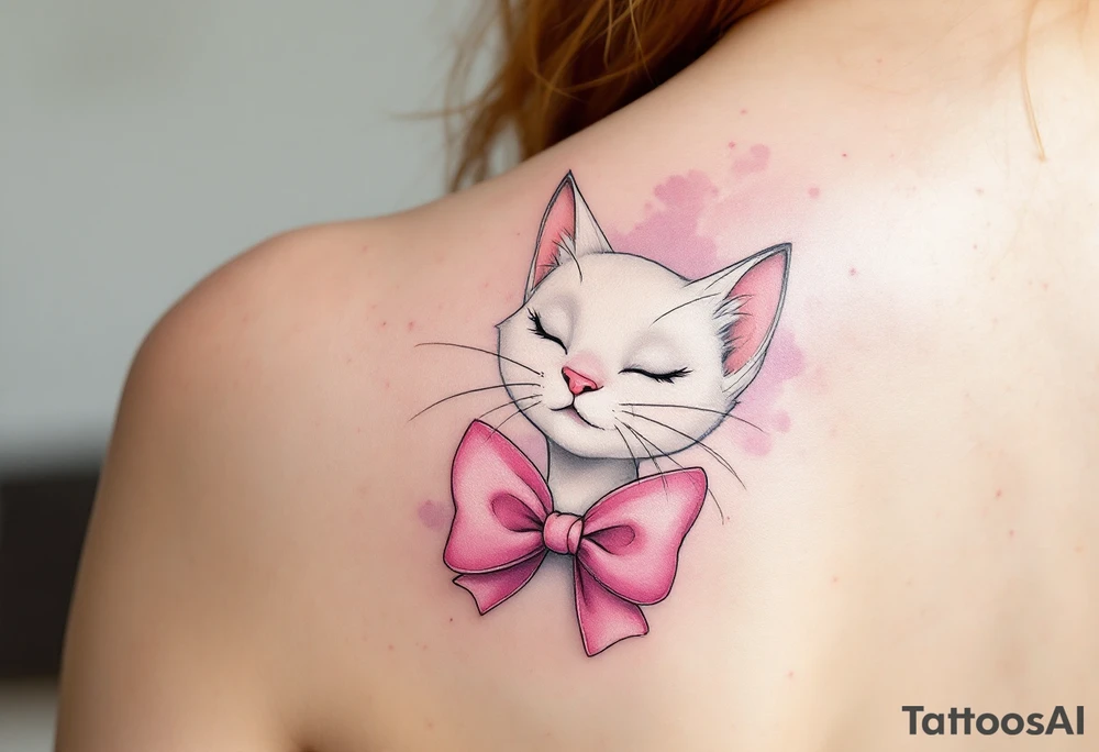A dainty tattoo of the white cat Marie from The Aristocats with tipycall pink bow in soft shades of pink and gray. tattoo idea