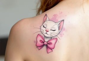 A dainty tattoo of the white cat Marie from The Aristocats with tipycall pink bow in soft shades of pink and gray. tattoo idea