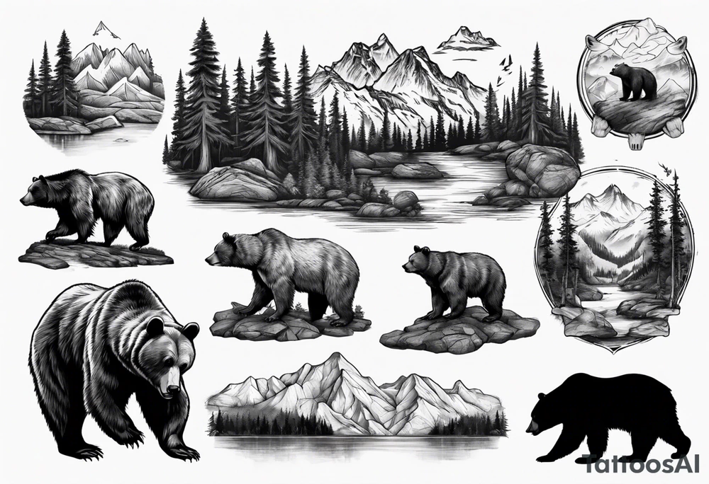 Bear with mountains, forest, rivers etc inside of it tattoo idea Bear with mountains, forest, rivers etc inside of it tattoo idea