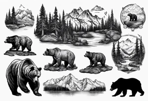 Bear with mountains, forest, rivers etc inside of it tattoo idea