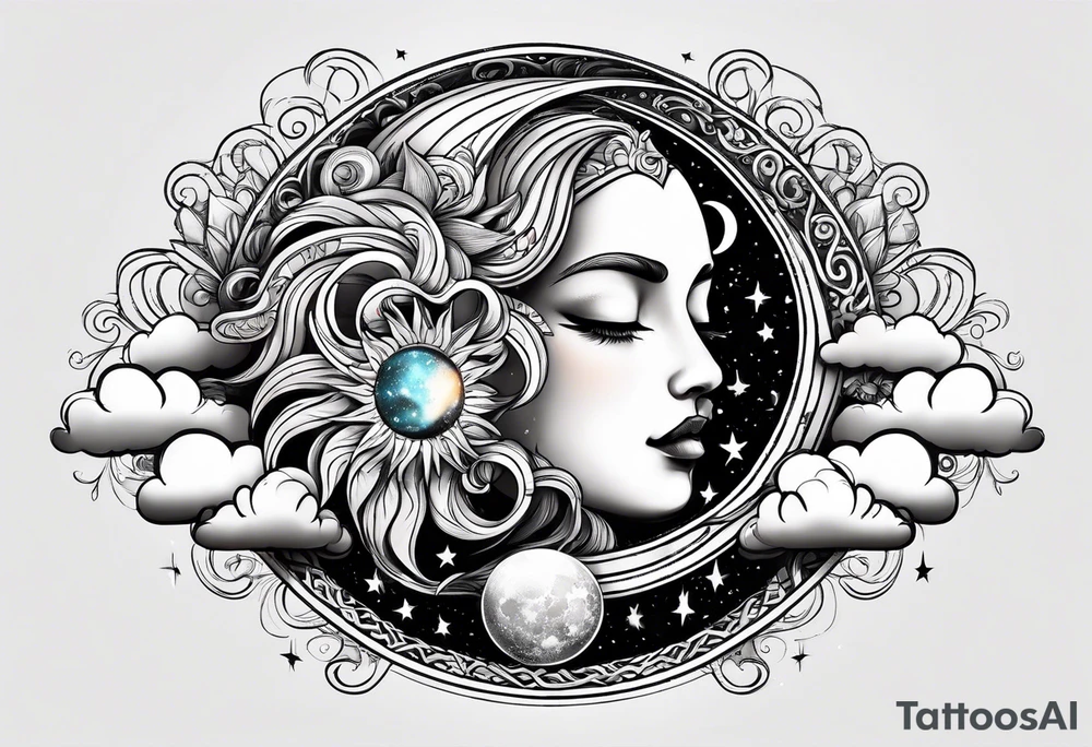 Sun and moon seen behind clouds tattoo idea