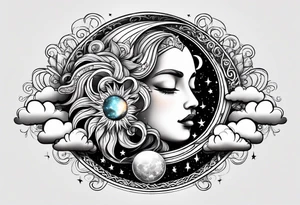 Sun and moon seen behind clouds tattoo idea