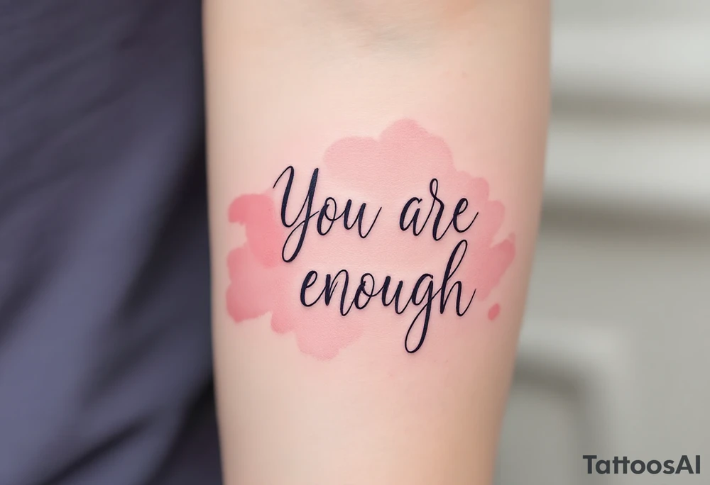 “You are enough” in dusty rose with a faint watercolor background of pastel blues and pinks. tattoo idea