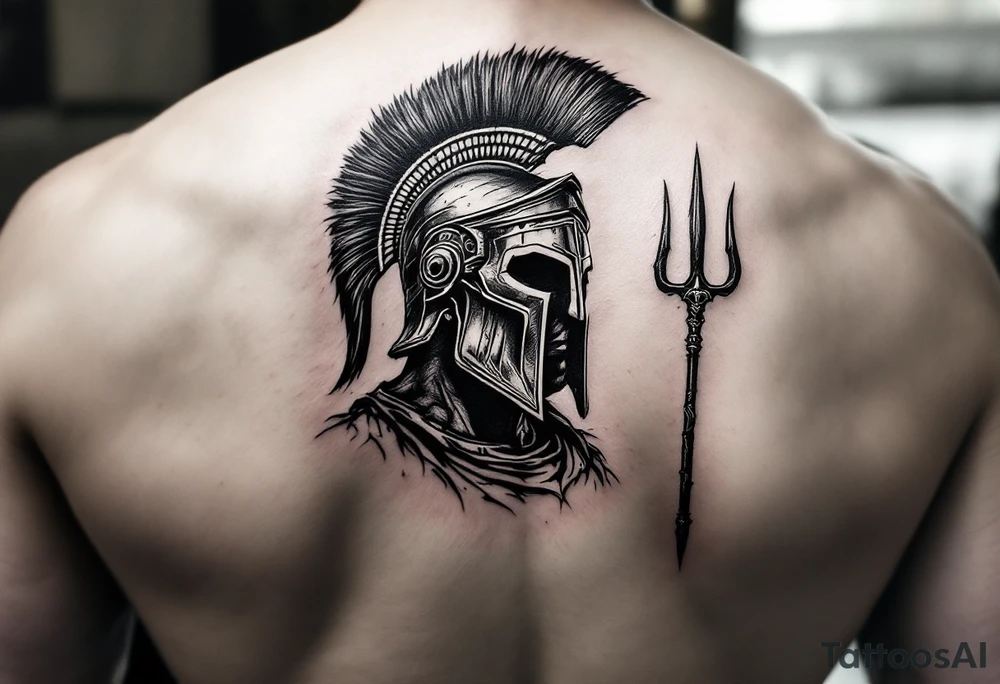 realistic spartan with trident tattoo idea