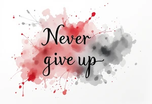 "Never give up" in typewriter font, with splashes of red and gray watercolor behind the text. tattoo idea