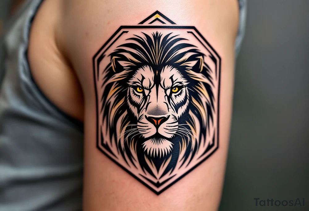 A Czech lion inside a hexagonal frame, combining realism and modern minimalism, with subtle gold highlights. tattoo idea