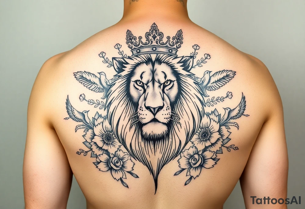 powerful majestic lion with a crown, surrounded by floral ornaments and birds tattoo idea