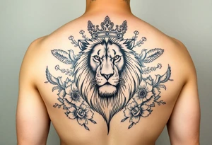 powerful majestic lion with a crown, surrounded by floral ornaments and birds tattoo idea