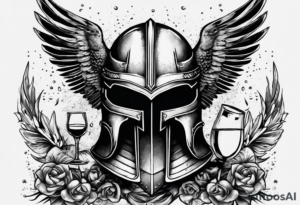 Create a faceless Spartan warrior helmet image with weight and below with a flying owl holding an old wine goblet and an hourglass with sand falling from it. tattoo idea