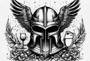 Create a faceless Spartan warrior helmet image with weight and below with a flying owl holding an old wine goblet and an hourglass with sand falling from it. tattoo idea